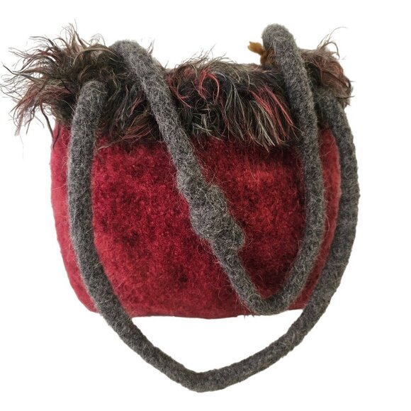 Handmade Felted Wool Shoulder Bag Small Fringed Tote Wine Gray NWT - Picture 1 of 11